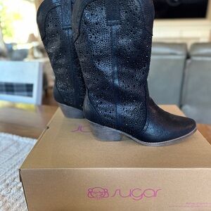 Sugar Women's Black Perforated Heeled Boots